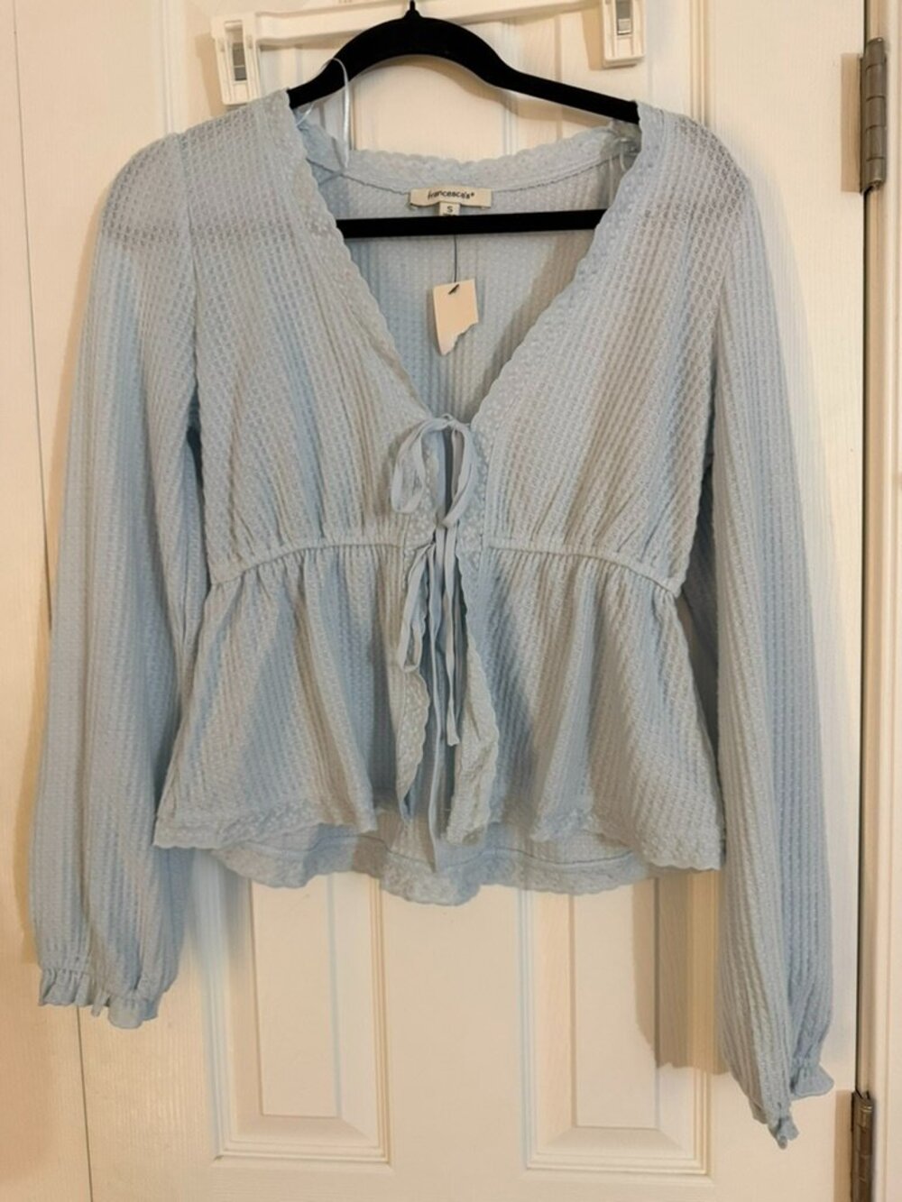 Francesca's Light Blue Clare Tie Front Waffle Knit Top Size Small